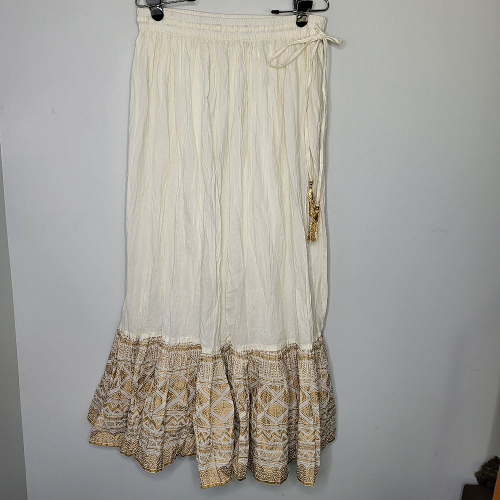 Cotton Boho Maxi Skirt Lace Summer Lined Hippie Off White & Gold Size Large XL
